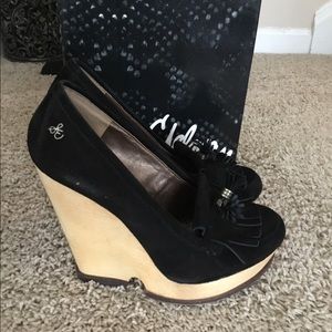 Sam Edelman wooden heeled black suede loafers 9
